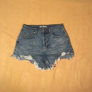 High waisted blue denim shorts
